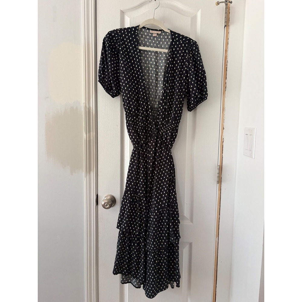 Knox Rose Black White Polka Dot Tiered Ruffle Midi Dress V-Neck Puff Sleeve S